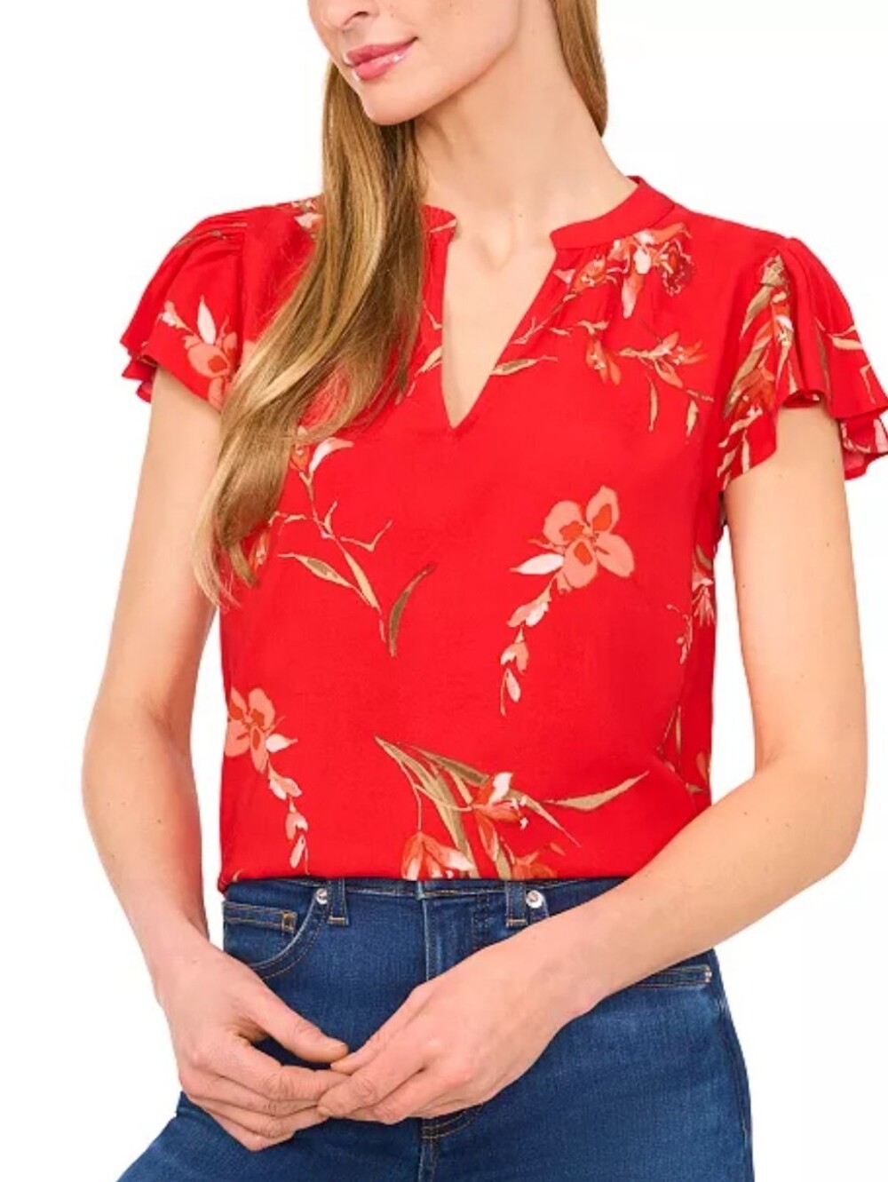 Women's CeCe Red Flutter Sleeve Top Sz Petite Large